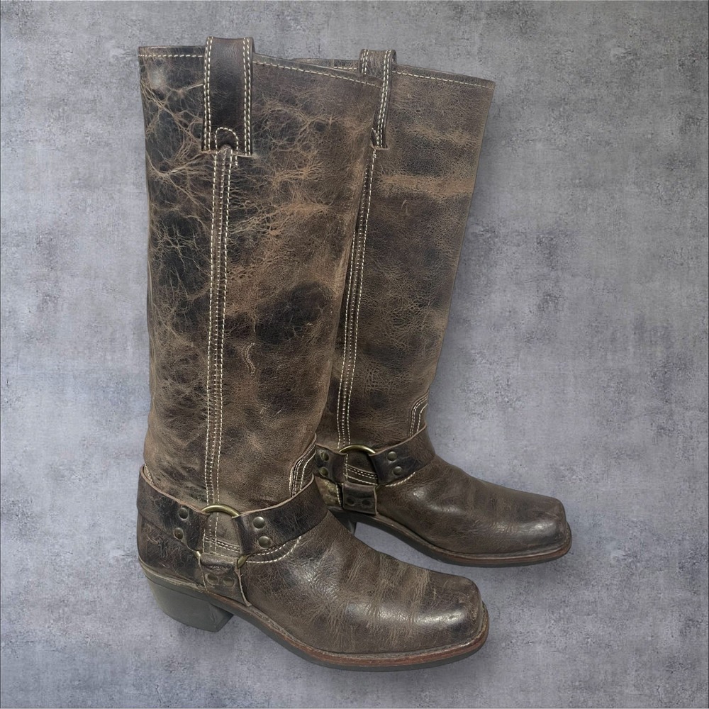Vintage Frye  Brown Leather Harness Boots Square Toe  Womens 7.5M Western Boho